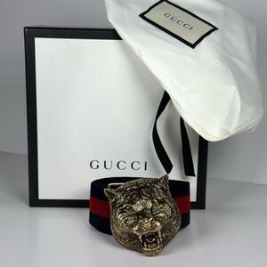 Authentic Gucci Web Belt with Antique Gold Tiger Head Rajah